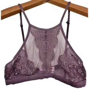 Victorias Secret Bralette S Plum Purple High Neck Lace Mesh Floral Halter Sexy